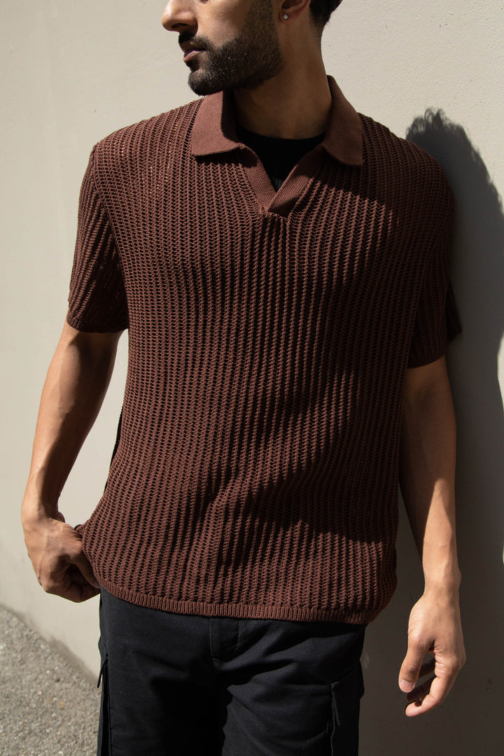 CROCHET COLLARED SHORT SLEEVE SWEATER in Rocky Road — alternate angle