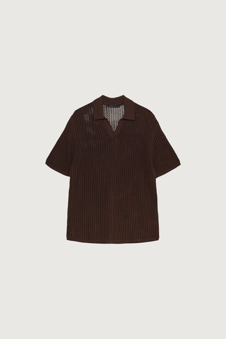 CROCHET COLLARED SHORT SLEEVE SWEATER in Rocky Road — alternate angle