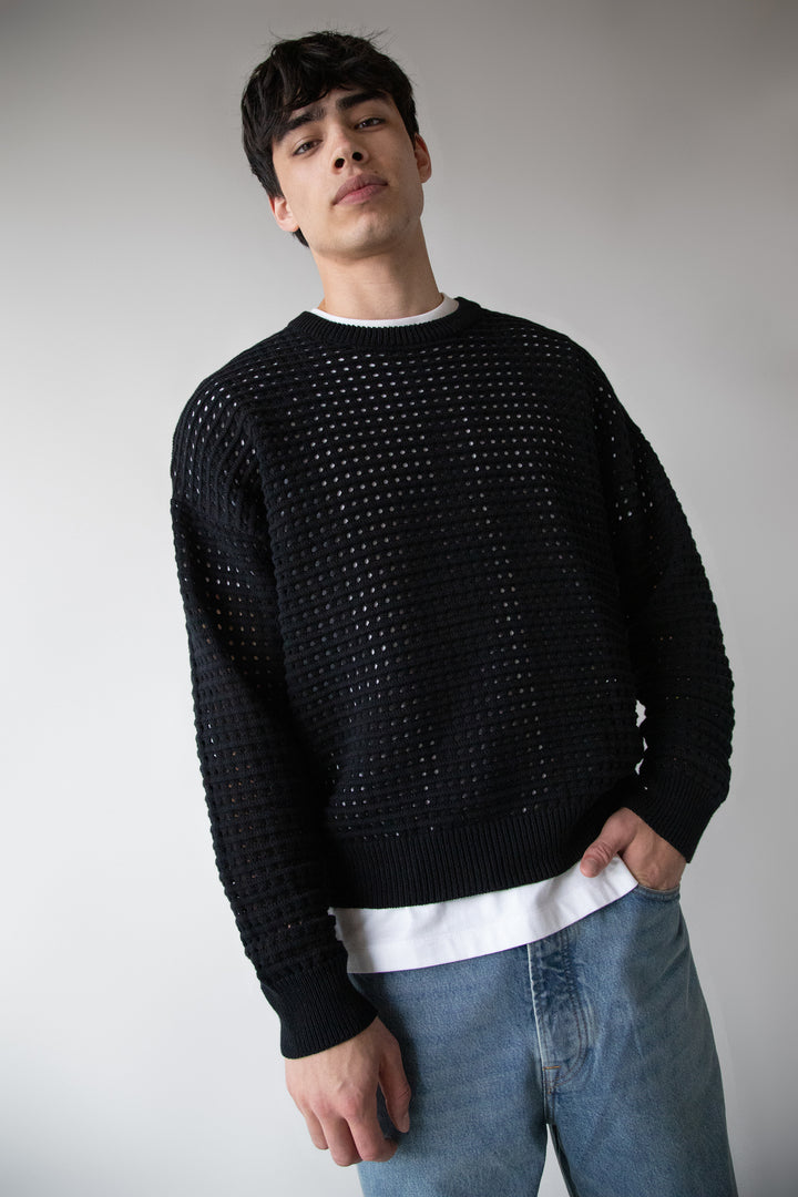 CREWNECK OPEN KNIT SWEATER in Black — alternate angle