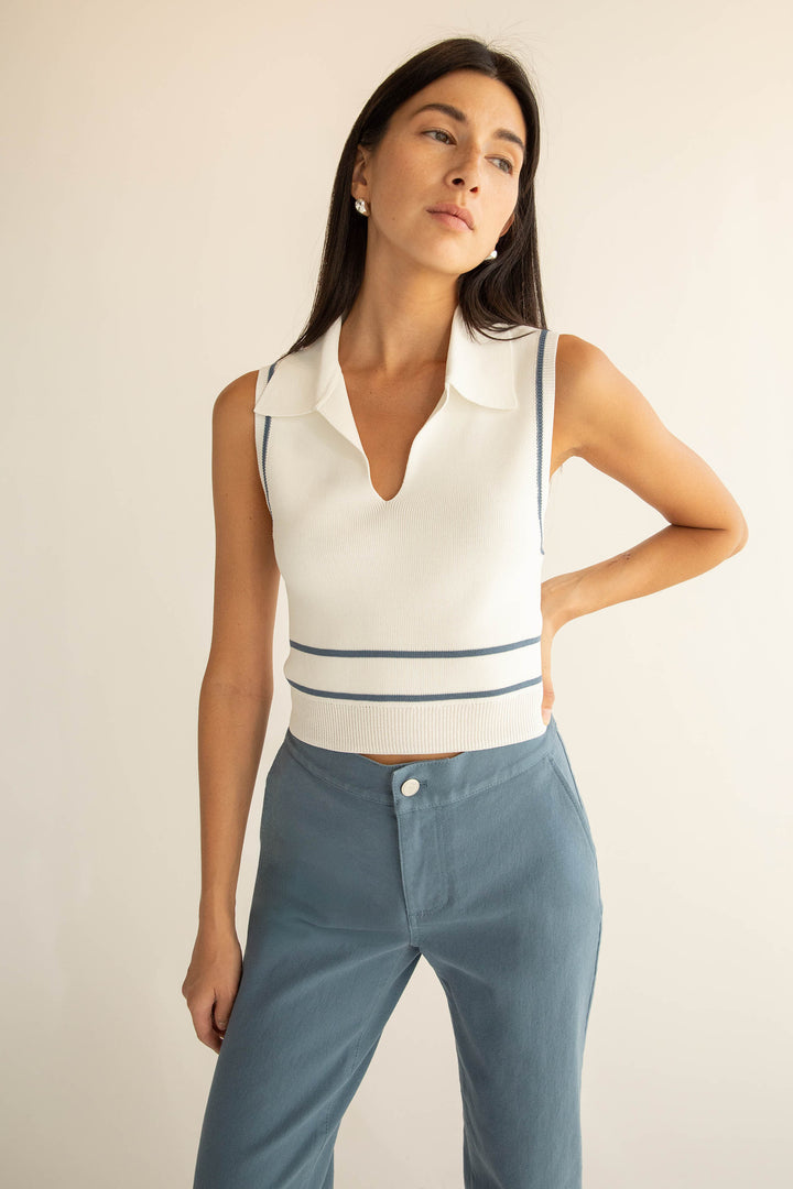 SLEEVELESS COLLARED KNIT TANK in Birch Bluefin — alternate angle
