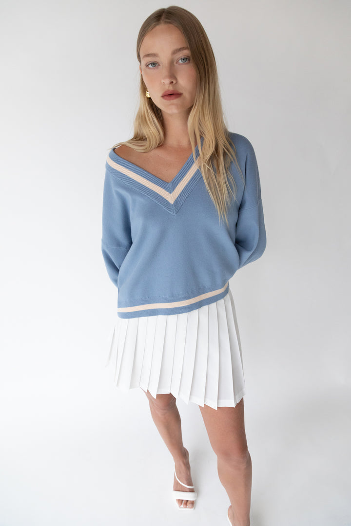 VARSITY V-NECK SWEATER in Blissful Blue Fog — alternate angle