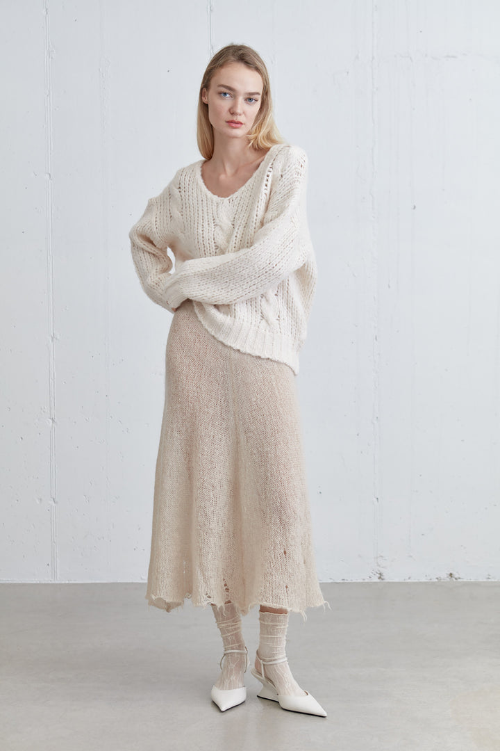 RELAXED FIT CABLE KNIT SWEATER in Ivory — alternate angle