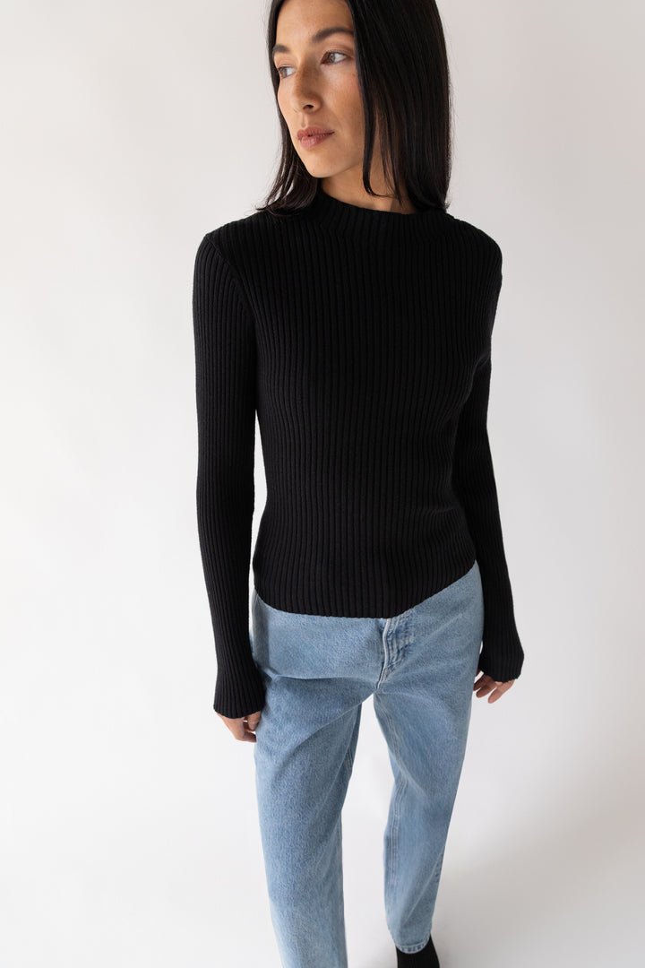 RIBBED SWEATER WITH TIE-BACK DESIGN in Black — alternate angle