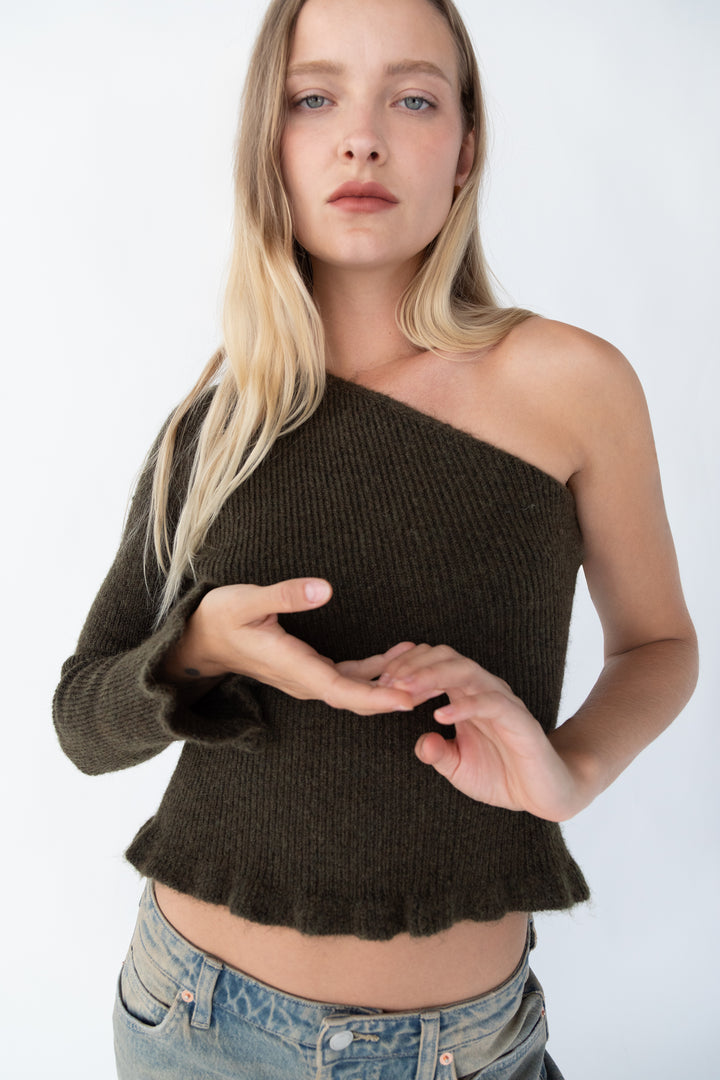 FITTED ONE SLEEVE SWEATER in Dark Moss Green — alternate angle