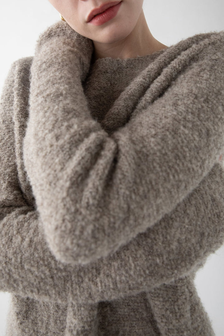 BOUCLE KNIT CREWNECK SWEATER in Taupe — alternate angle