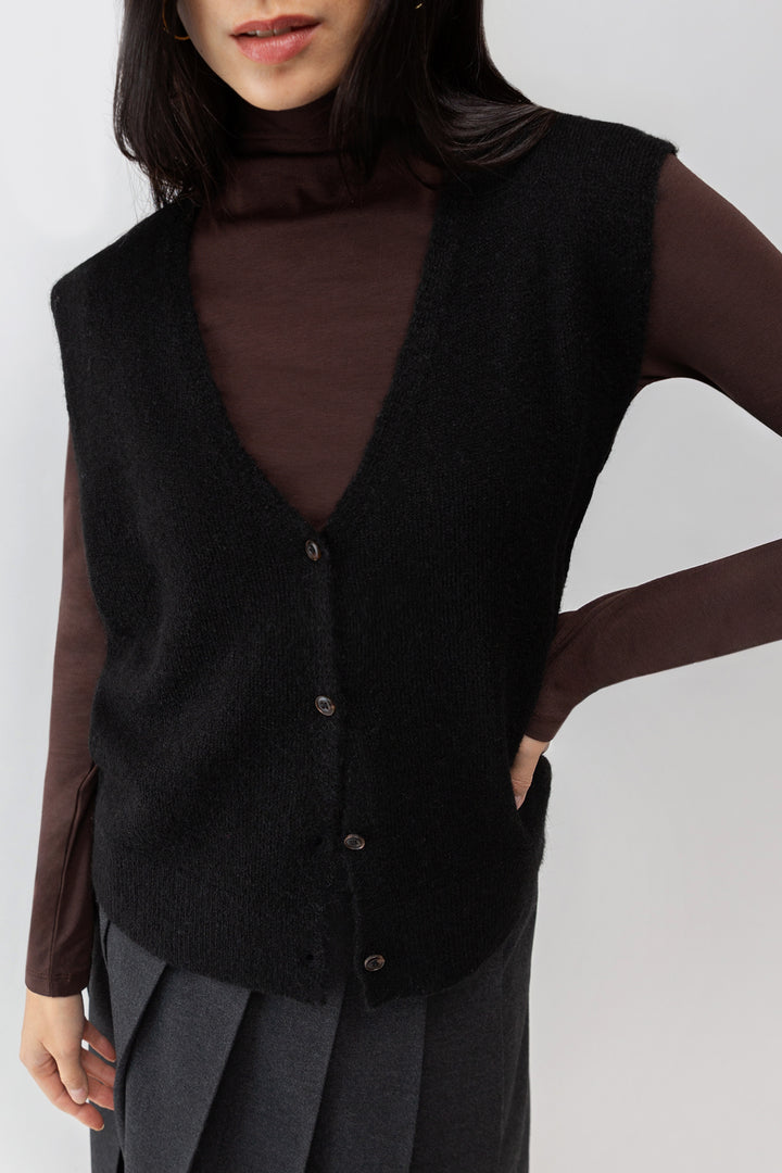BUTTON FRONT SWEATER VEST in Black — alternate angle