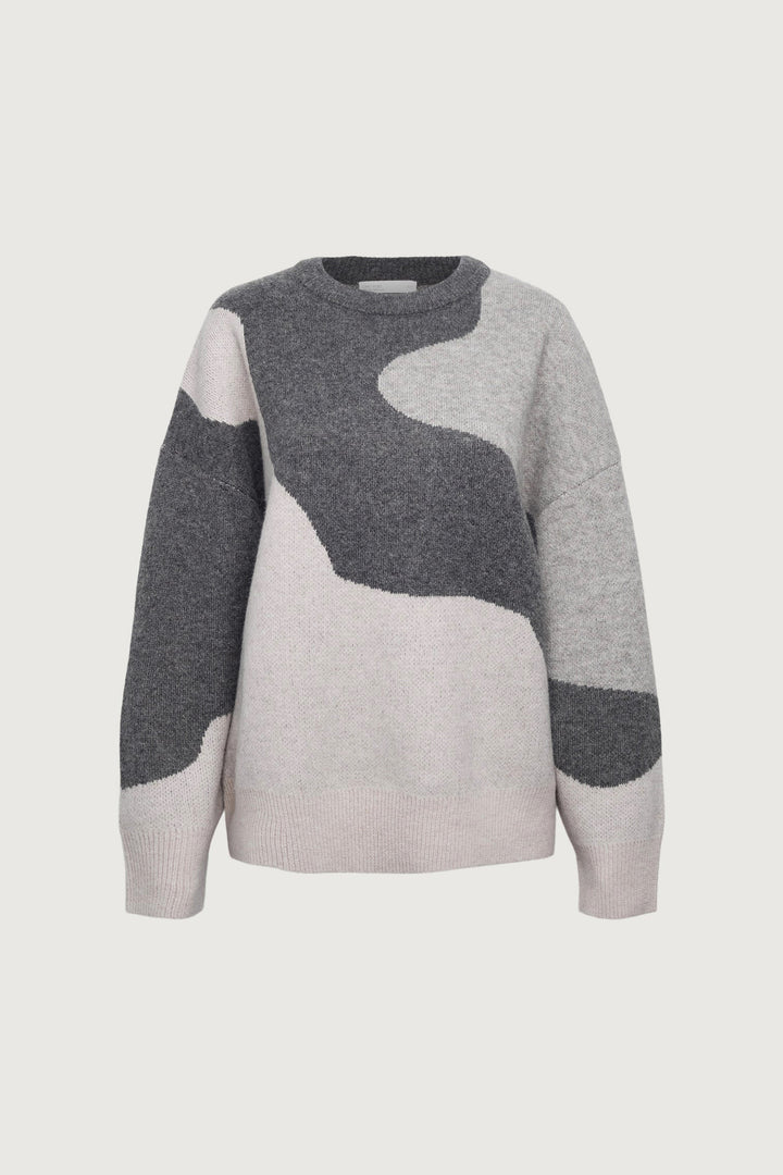 OVERSIZED INTARSIA KNIT CREWNECK SWEATER in Dark Grey Intarsia — alternate angle