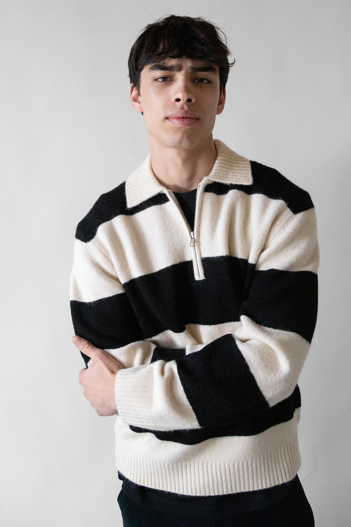 STRIPED RUGBY POLO SWEATER in Pearl Ivory Black — alternate angle