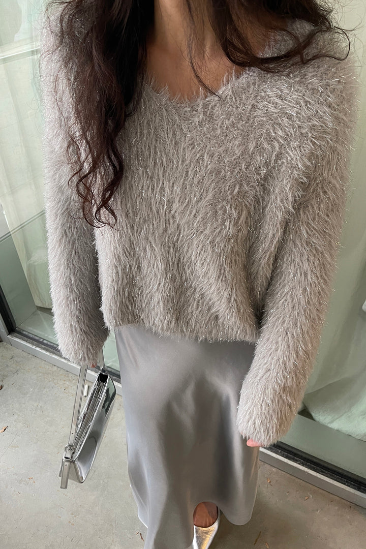 FUZZY V-NECK SWEATER in Beige — alternate angle