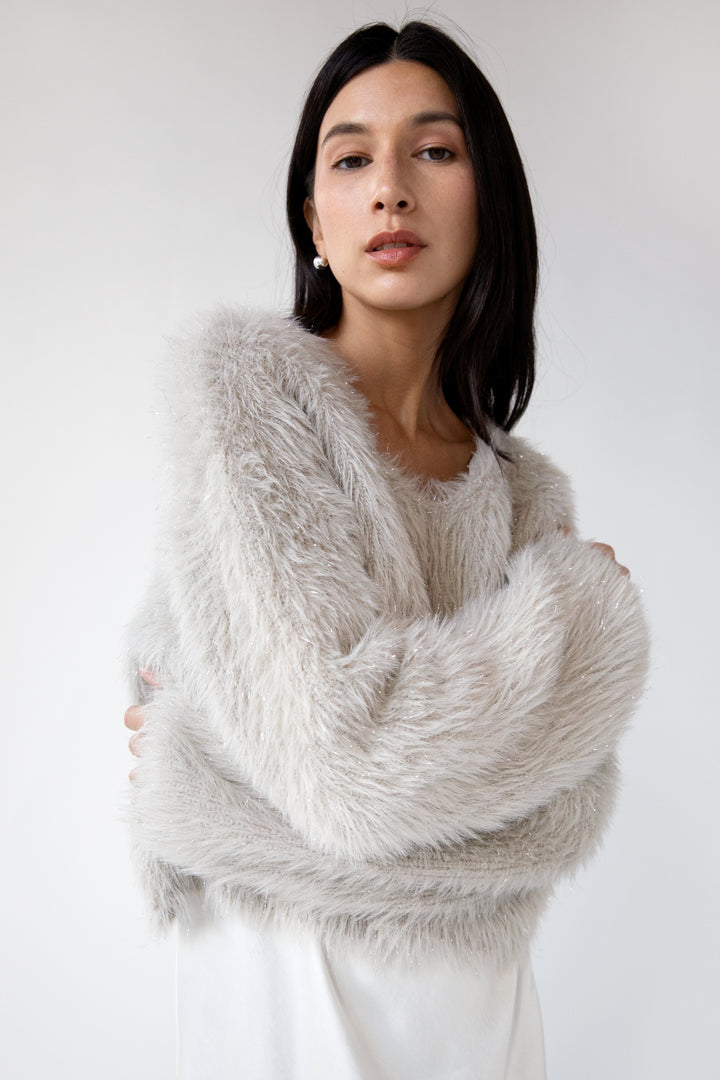 FUZZY METALLIC TINSEL SWEATER in Silver Grey — alternate angle