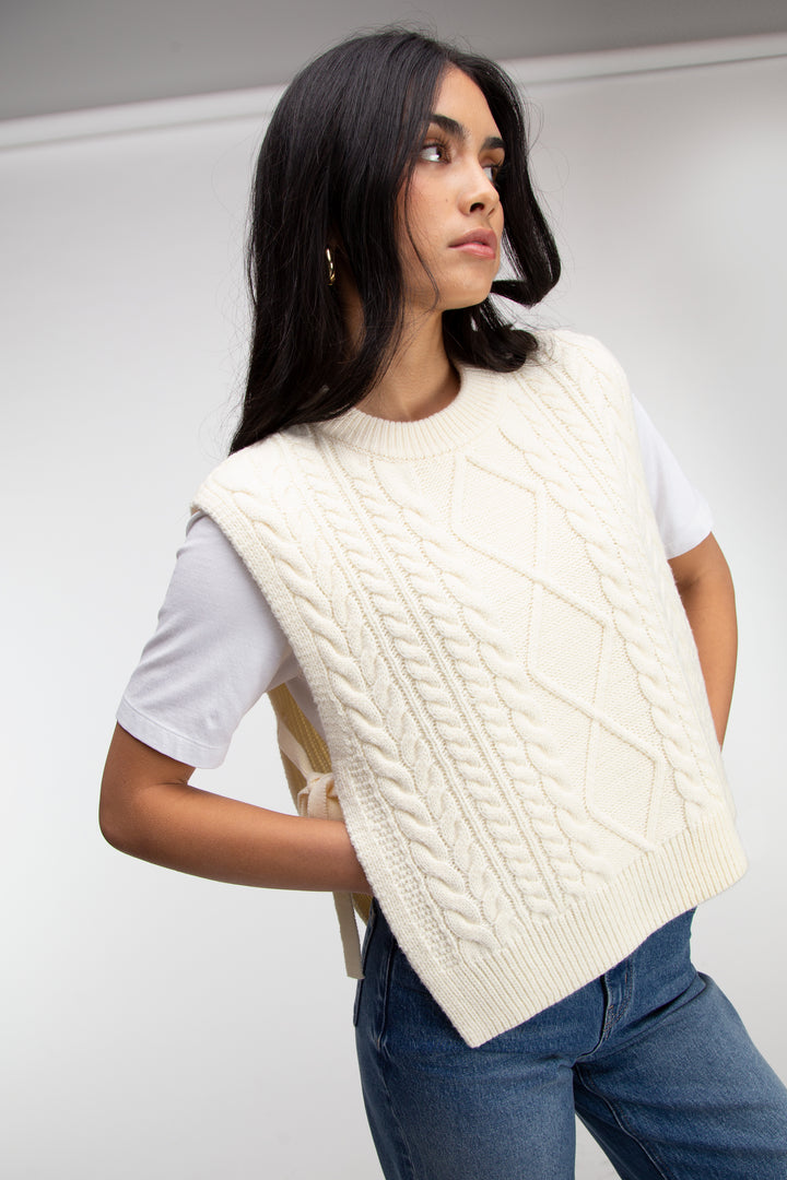 SLEEVELESS CABLE-KNIT VEST WITH TIES in Antique White — alternate angle