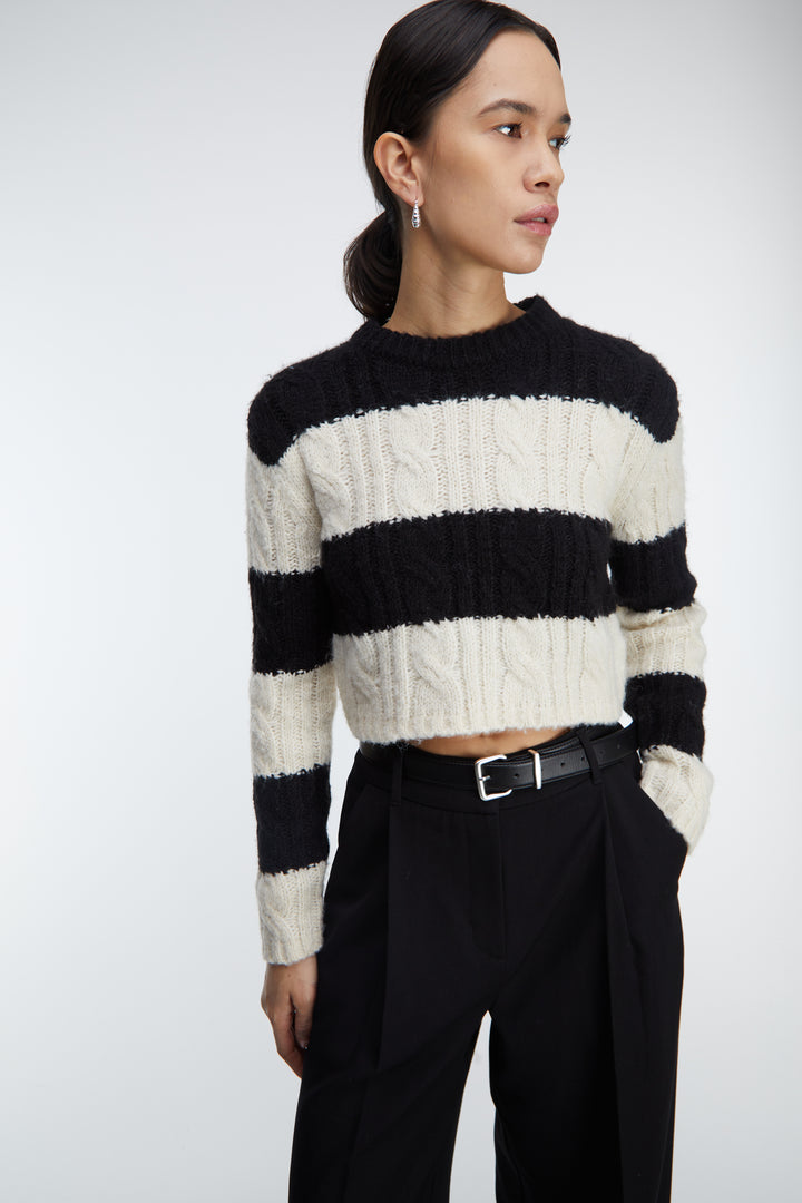 STRIPED CABLE KNIT CROPPED SWEATER in Black Sand Stripe — alternate angle