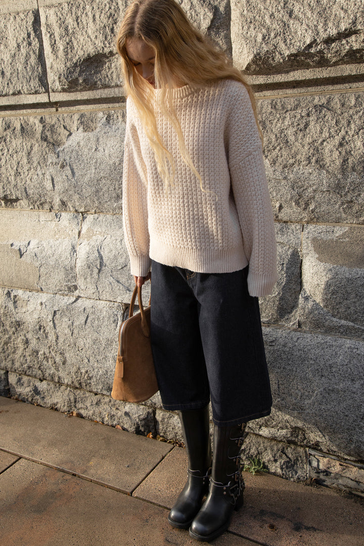 CHUNKY KNIT CREWNECK SWEATER in Oatmeal — alternate angle