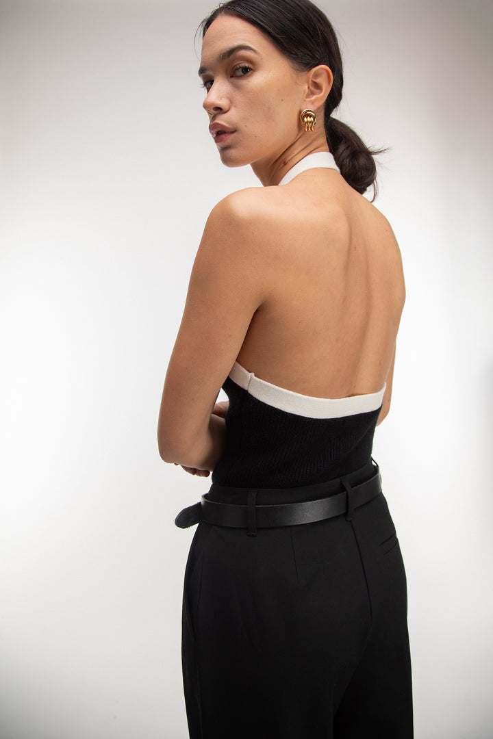 CONTRAST TRIM KNIT BOLERO & TANK TWO PIECE SET in Black Cream — alternate angle