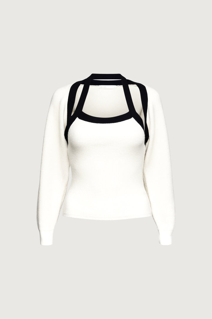 CONTRAST TRIM KNIT BOLERO & TANK TWO PIECE SET in Cream Black — alternate angle