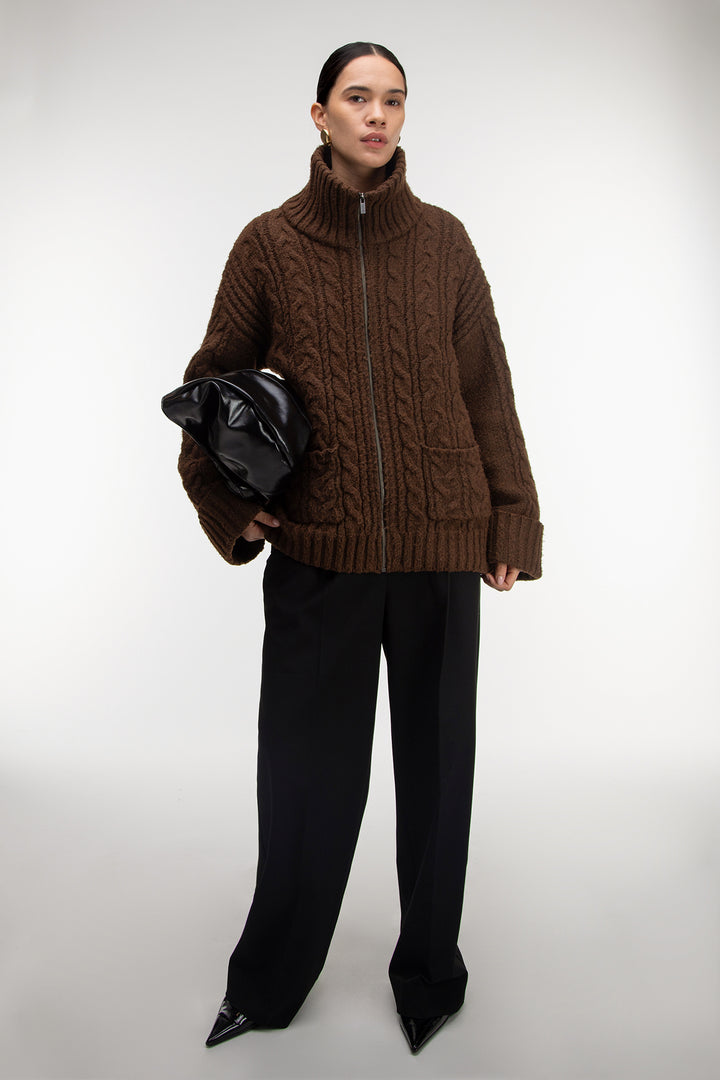HIGH-NECKLINE CABLE KNIT ZIP-UP CARDIGAN in Chestnut — alternate angle