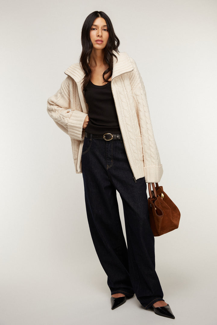 HIGH-NECKLINE CABLE KNIT ZIP-UP CARDIGAN in Oatmeal — alternate angle