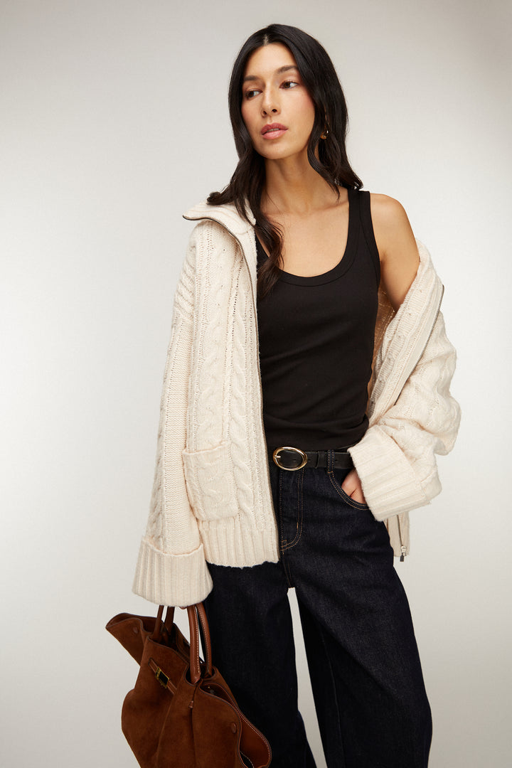 HIGH-NECKLINE CABLE KNIT ZIP-UP CARDIGAN in Oatmeal — alternate angle