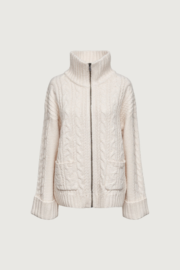 HIGH-NECKLINE CABLE KNIT ZIP-UP CARDIGAN in Oatmeal — alternate angle