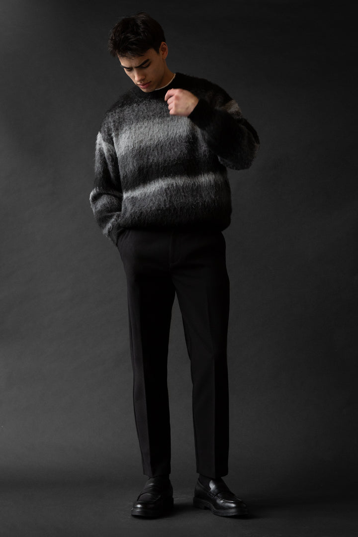 STRIPED TEXTURED KNIT CREWNECK SWEATER in Asphalt Stripe — alternate angle