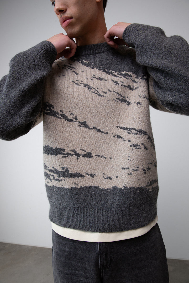 PAINT BRUSH EFFECT CREWNECK SWEATER in Charcoal Taupe — alternate angle
