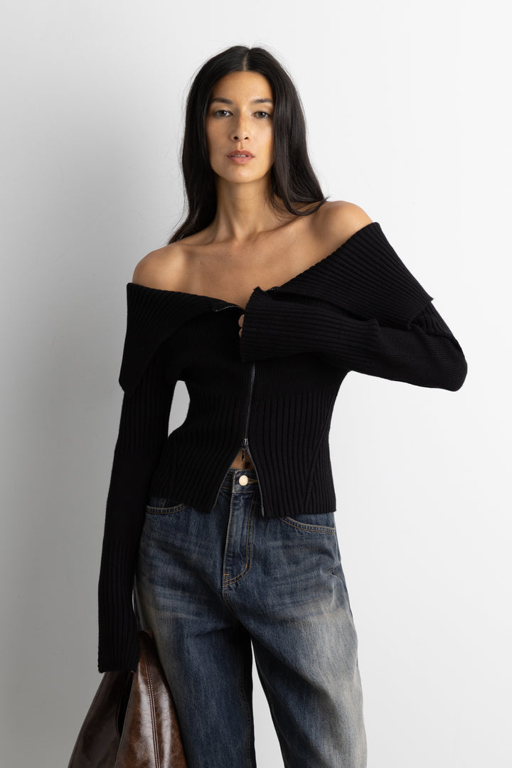 TWO-WAY ZIP FRONT OFF SHOULDER SWEATER in Black — alternate angle