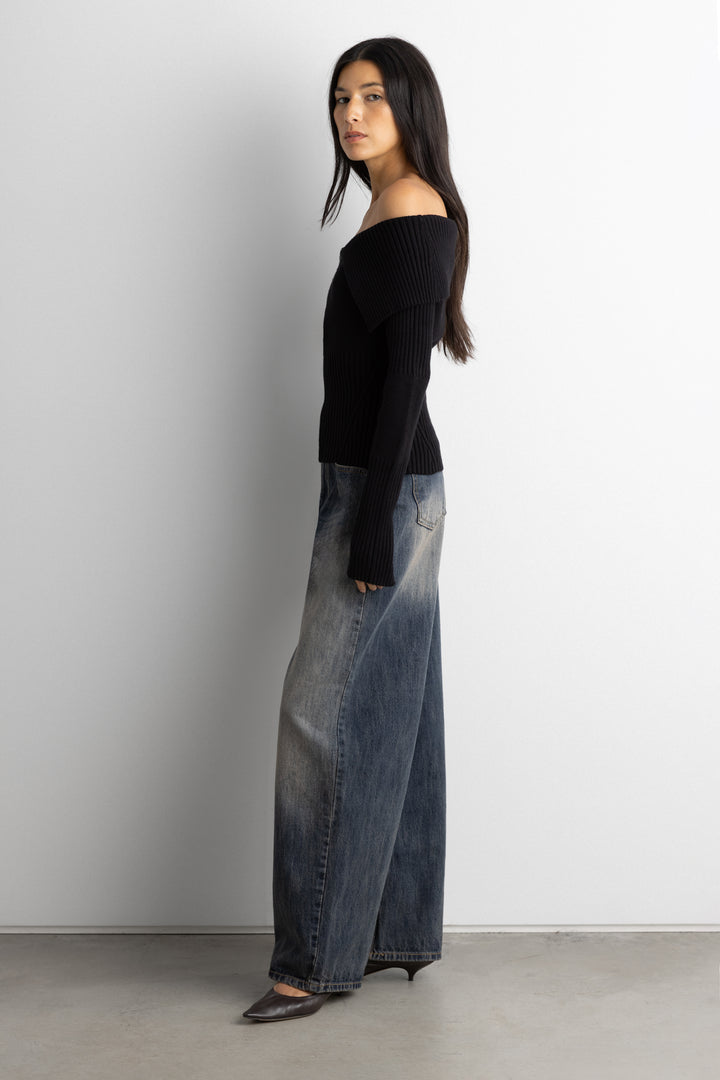 TWO-WAY ZIP FRONT OFF SHOULDER SWEATER in Black — alternate angle