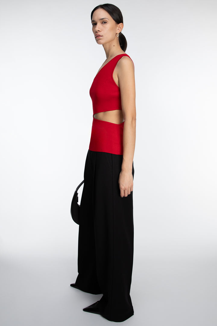 ONE SHOULDER KNIT TANK WITH CUTOUT in Cherry — alternate angle