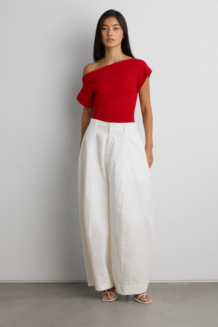 ASYMMETRICAL OFF THE SHOULDER CAP SLEEVE SWEATER in Cherry — alternate angle