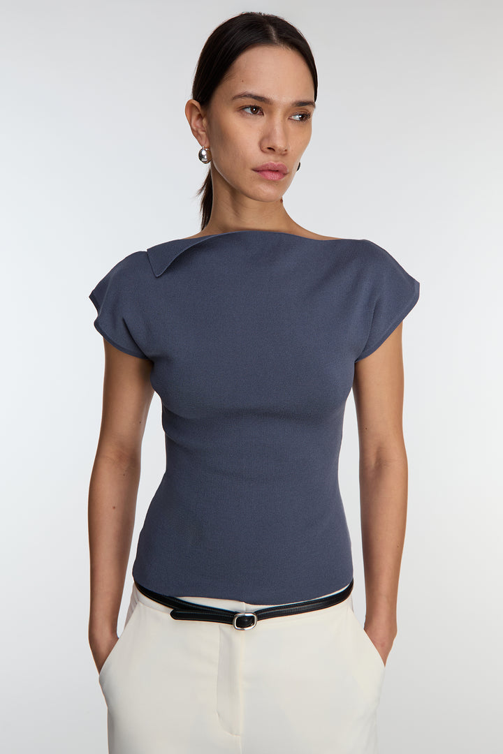 ASYMMETRICAL OFF THE SHOULDER CAP SLEEVE SWEATER in Grisaille — alternate angle