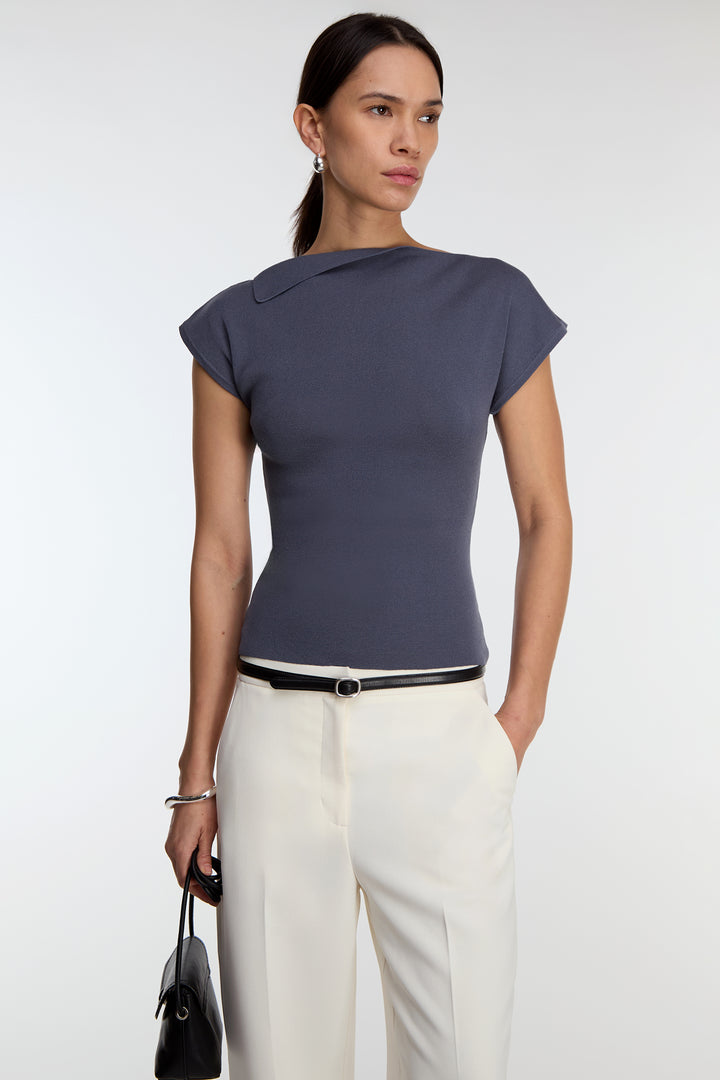 ASYMMETRICAL OFF THE SHOULDER CAP SLEEVE SWEATER in Grisaille — alternate angle