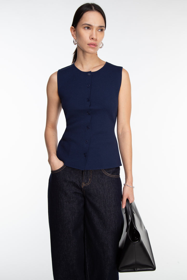 BUTTON FRONT KNIT SLEEVELESS VEST in Navy Blazer — alternate angle