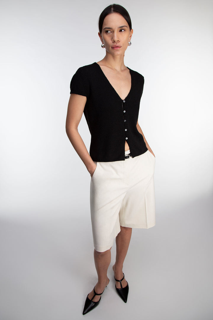 BUTTON FRONT CAP SLEEVE SWEATER in Black — alternate angle