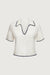 Cropped collared v-neck short sleeve sweater in snow navy blazer — main image