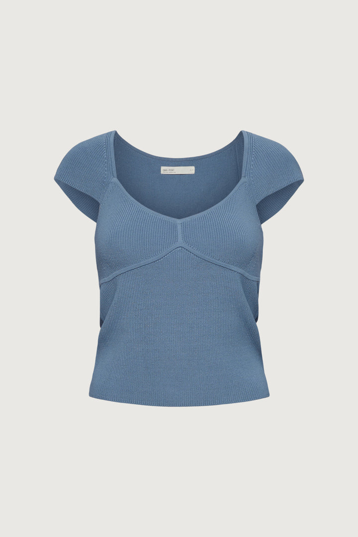 RIBBED CAP SLEEVE SHORT SLEEVE SWEATER in Blue Wind — alternate angle