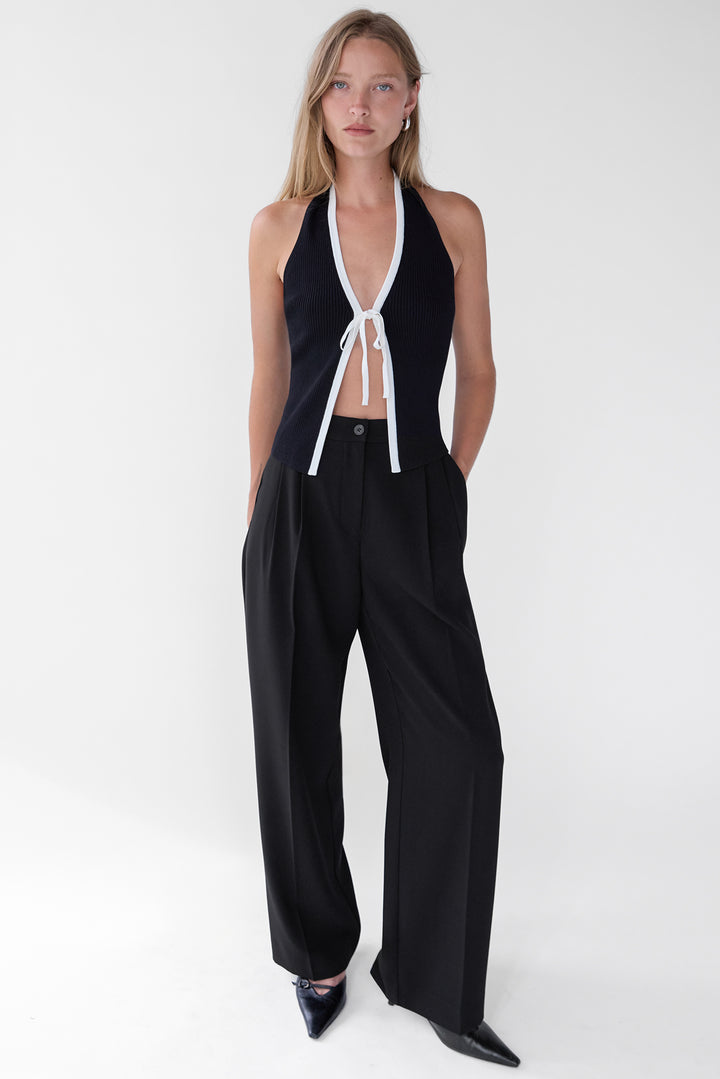 KNIT HALTER TOP WITH CONTRAST BOW in Black Birch — alternate angle