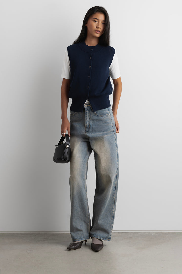 KNIT MOCKNECK BUTTON UP VEST in Navy Blue — alternate angle
