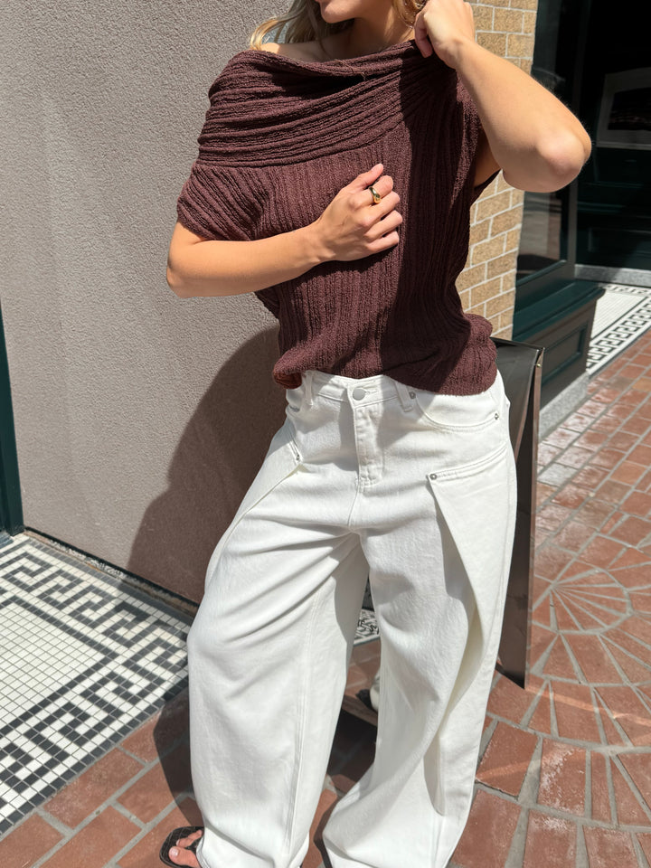 SLOUCHY OFF THE SHOULDER SHORT SLEEVE SWEATER in Brown Stone — alternate angle