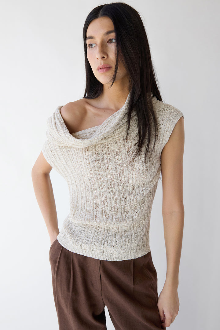 SLOUCHY OFF THE SHOULDER SHORT SLEEVE SWEATER in Peyote Oat — alternate angle