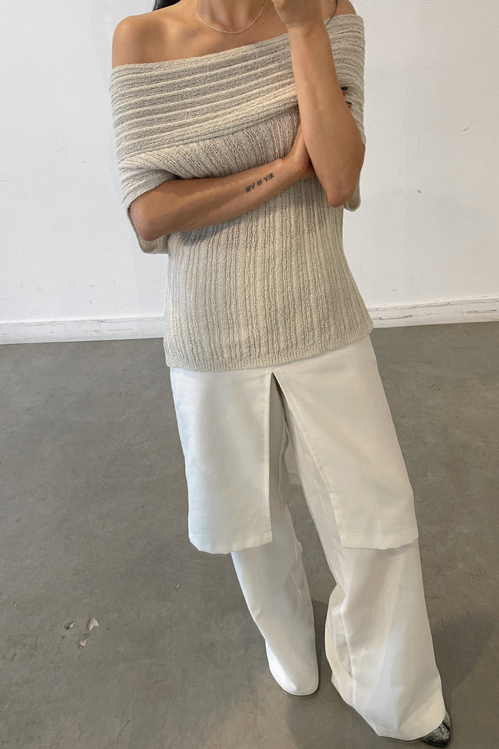 SLOUCHY OFF THE SHOULDER SHORT SLEEVE SWEATER in Peyote Oat — alternate angle