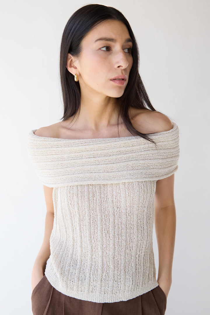 SLOUCHY OFF THE SHOULDER SHORT SLEEVE SWEATER in Peyote Oat — alternate angle