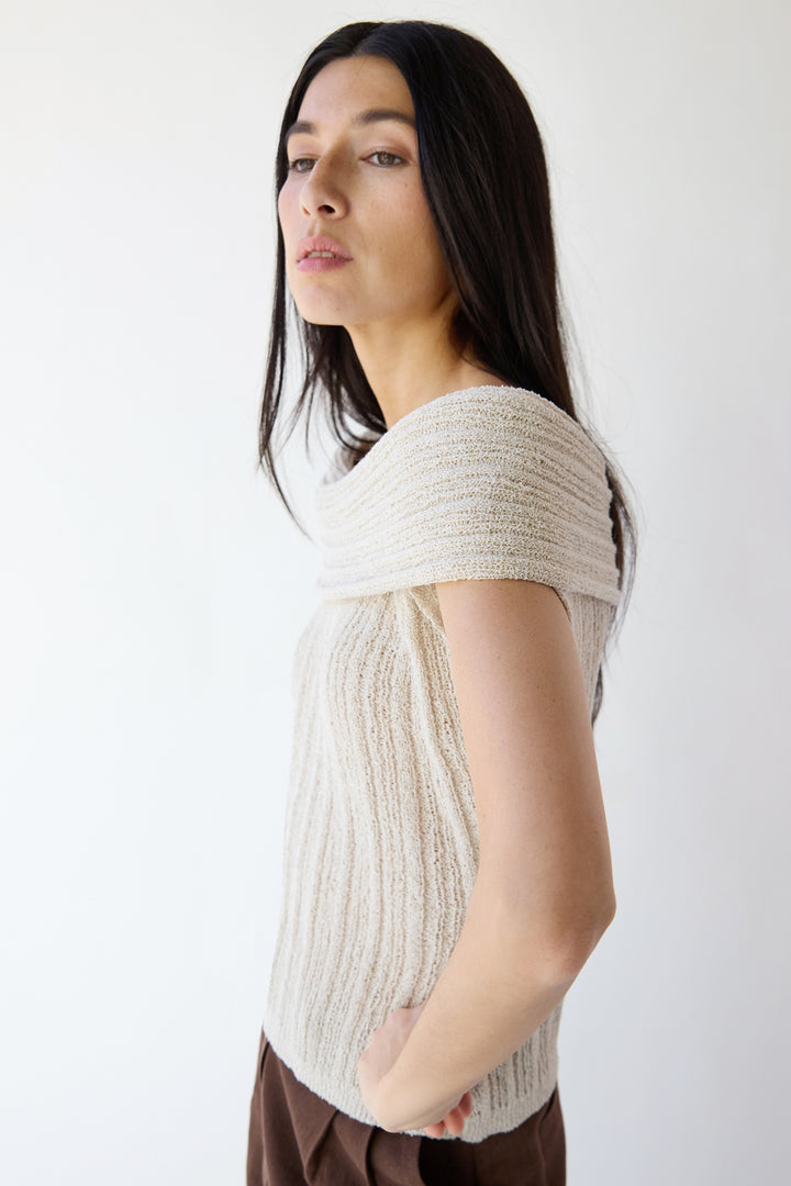 SLOUCHY OFF THE SHOULDER SHORT SLEEVE SWEATER in Peyote Oat — alternate angle