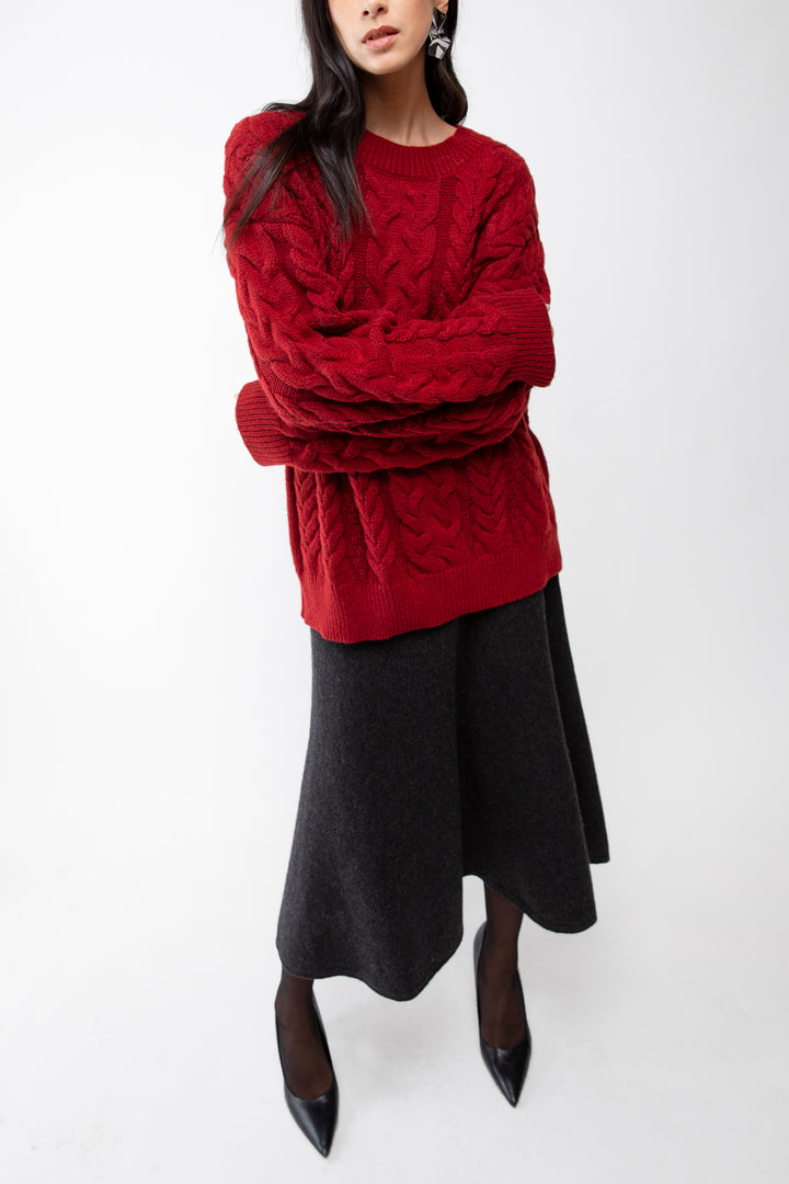 CABLE KNIT CREWNECK SWEATER in Burgundy — alternate angle