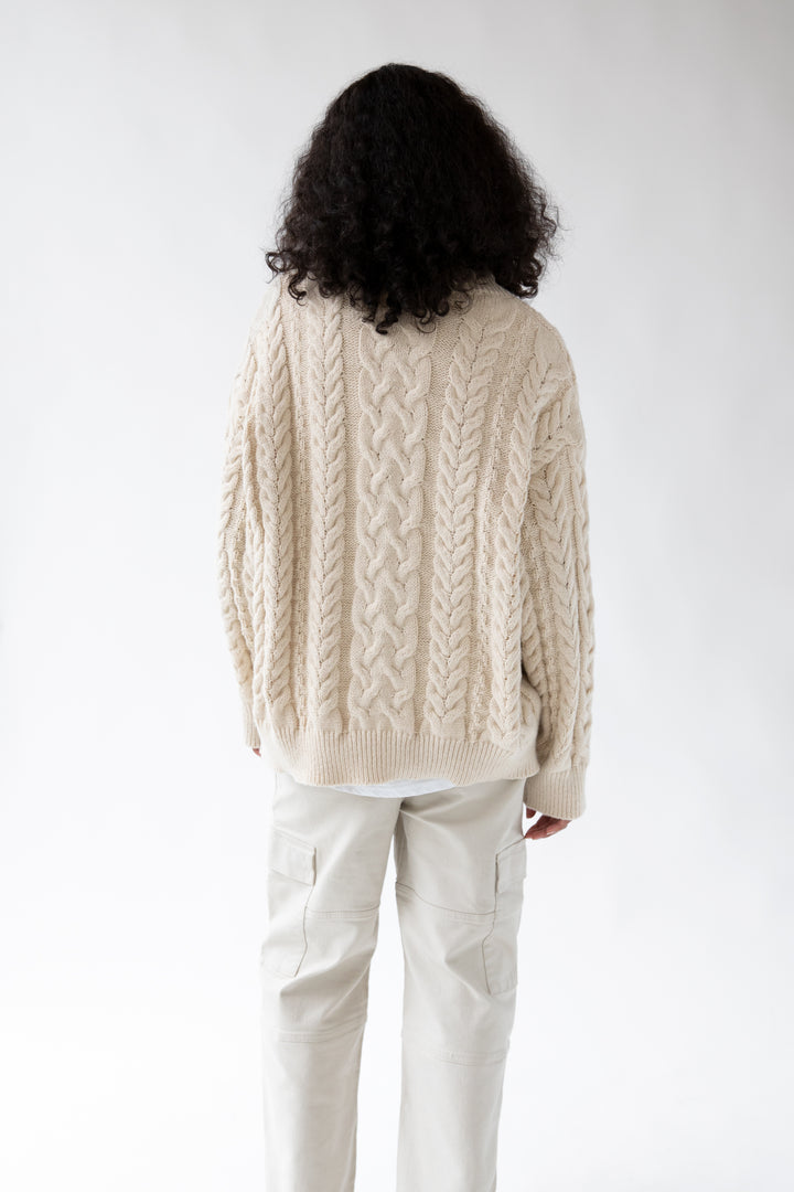 CABLE KNIT CREWNECK SWEATER in Oatmeal — alternate angle