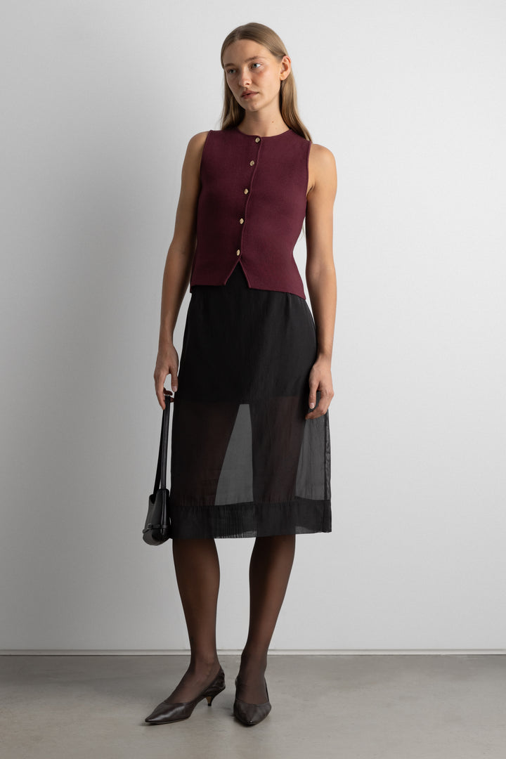 SLEEVELESS KNIT VEST WITH BUTTONS in Wine — alternate angle