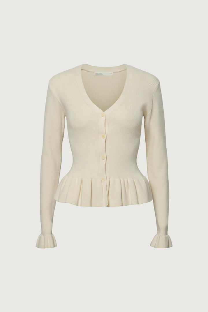 RIB-KNIT RUFFLED BUTTON FRONT CARDIGAN in Cream — alternate angle