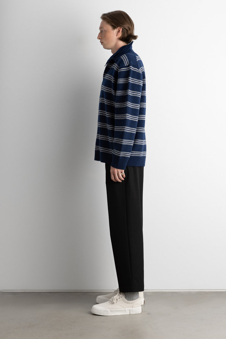 STRIPED LONG SLEEVE POLO SWEATER in Navy Blue Stripe — alternate angle