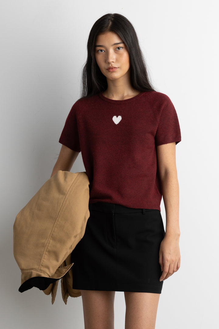 SHORT SLEEVE HEART SWEATER in Wine — alternate angle