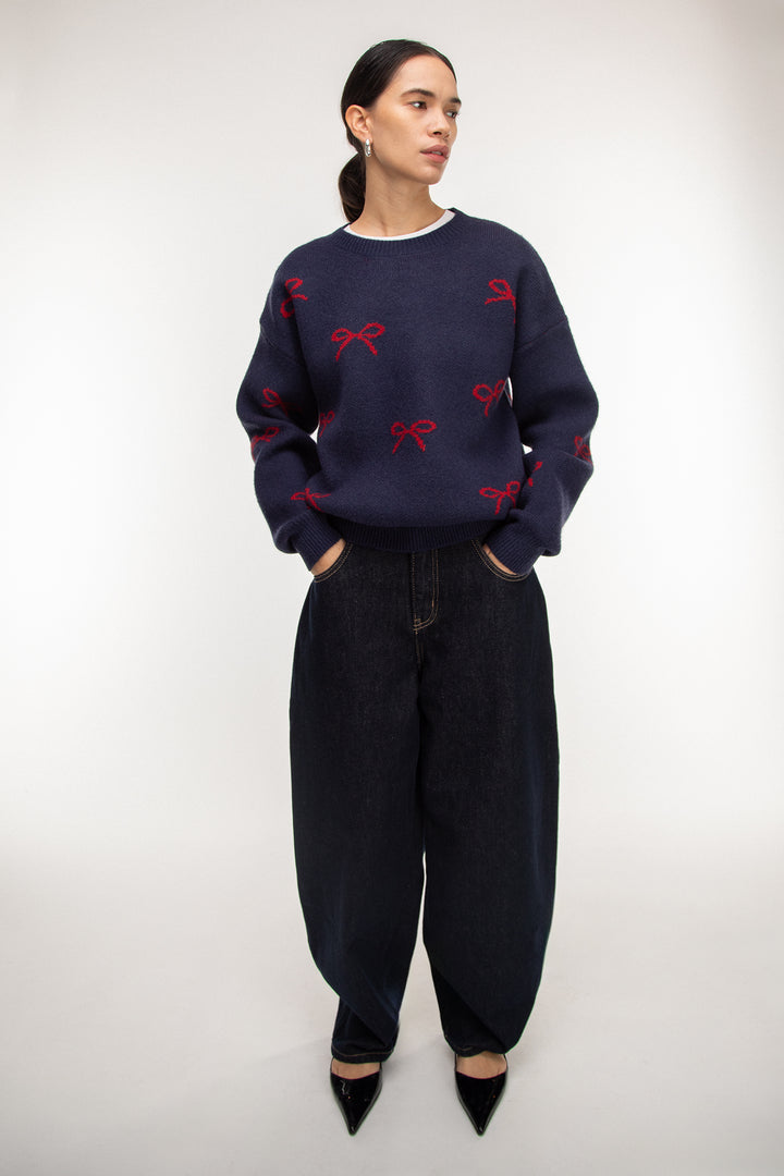 BOW PATTERN SWEATER in Navy — alternate angle