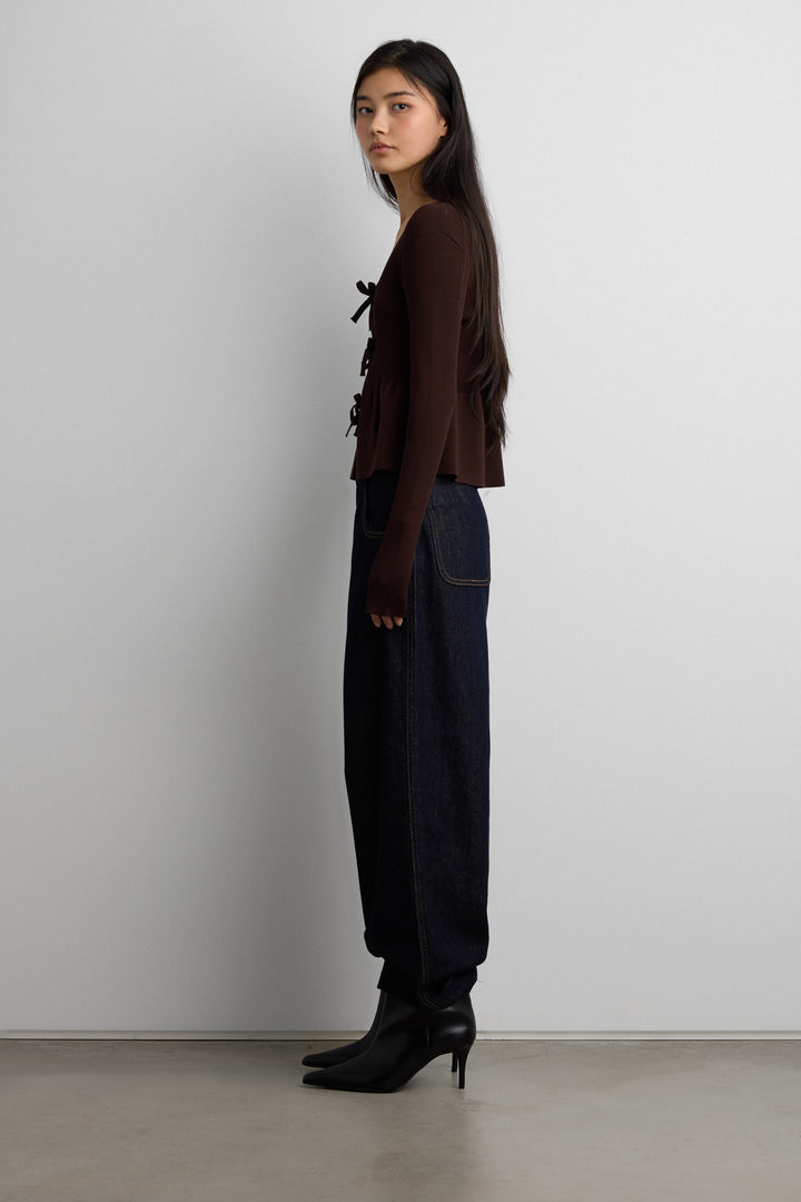 RIBBED TIE FRONT PEPLUM SWEATER in Java — alternate angle